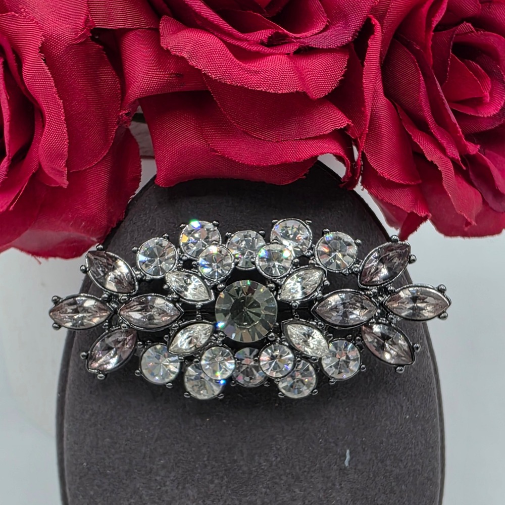 Liz Claiborne Gunmetal Rhinestone Brooch Grey Clear Crystal Marquise Pin‎ LC